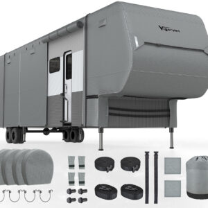 What You Will Get: The 5th wheel rv cover fits up to 34'-37' (450"L×108"W×126"H). Please measure before purchasing. There are also abundant accessories in the package: Tire Covers ×4, Gutter Covers ×8, Repair Patches ×2, Windproof Straps ×2, Throwing Stick ×2, Storage Bag ×1. please feel free to contact us if you have any questions about travel trailer RV cover. Durable Material: There are 7 layers of top fabric and 3 layers of side fabric. The RV cover is made of non-woven fabric mixed with waterproof membrane and anti-uv compositions, which is heavy duty and durable. The travel trailer cover will provide strong full protection for your RV. Anti-UV & Waterproof: The camper cover is made of thick non-woven fabric including built-in waterproof coating layer and anti-uv composition layer, avoid aging and tearing due to exposure to the sun. The cover can fully protect your RV from sun exposure, rain, snow, dust. The corners of the RV cover are thickened, which will effectively solve the edges tearing problem of RV cover. Windproof Straps & Ventilation: Vigorvan RV cover is designed with kinds of windproof straps. There are 8 windproof straps across the RV bottom to fix the travel trailer cover. There are also each 2 windproof straps equipped on the RV front side and rear side. 2 Extra 42FT windrproof straps can circle around the whole RV body to against wind. 15 Air vents on cover can reduce wind stress. You just need to tie down all straps to against wind!